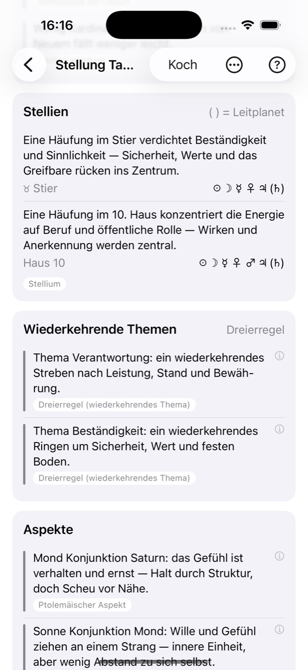 Soriel Natal auf dem iPhone: Deutungs-Karten zu Stellien, wiederkehrenden Themen und Aspekten mit Quellenangaben