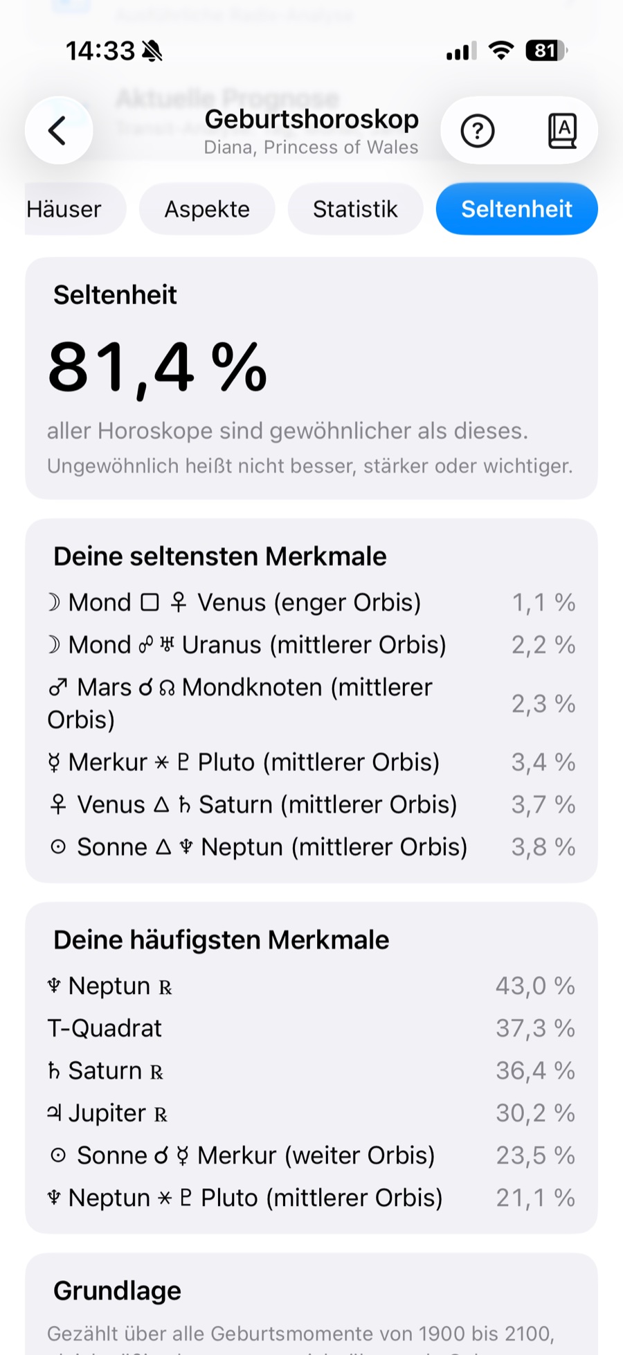 Das Seltenheit-Panel auf dem iPhone: ein Perzentilwert, die seltensten und die häufigsten Merkmale des Horoskops mit ihren Häufigkeiten